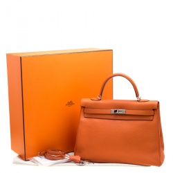 Pre Owned Hermes Orange Togo Leather Palladium Hardware Kelly Retourne 35 Bag