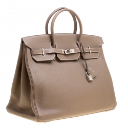 Hermes Etoupe Taurillon Clemence Leather Palladium Hardware Birkin 40 Bag