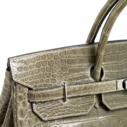 Pre Owned Hermes Olive Green Porosus Crocodile Palladium Hardware Birkin 40 Bag
