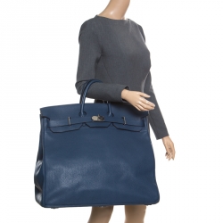 Pre Owned Hermes Blue De Presse Clemence Leather Palladium Hardware HAC Birkin 50 Bag
