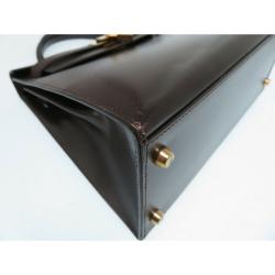 Pre Owned Hermes Dark Brown Box Calf Leather Gold Hardware Kelly Sellier 28 Bag