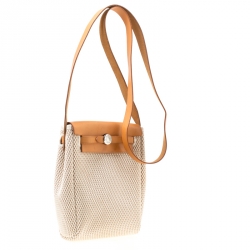 Pre Owned Hermes Natural/Beige and Black Canvas and Leather Mini Herbag 