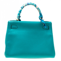 Pre Owned Hermes Blue Paon Clemence Leather Gold Hardware Kelly Retourne 28 Bag