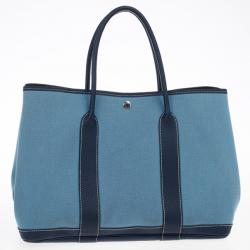 Pre Owned Hermes Blue Canvas and Leather Garden Party TPM Tote Bag