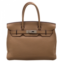 Hermes Tabac Camel Clemence Leather Palladium Hardware Birkin 30 Bag