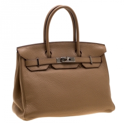 Hermes Tabac Camel Clemence Leather Palladium Hardware Birkin 30 Bag