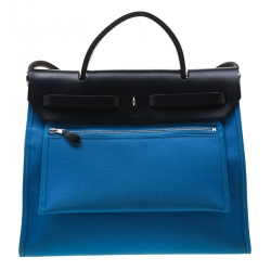 Pre Owned Hermes Blue/Black Canvas and Leather Herbag Zip 31 Bag