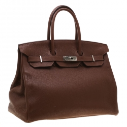 Pre Owned Hermes Brown India Clemence Leather Palladium Hardware Birkin 35 Bag