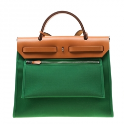 Pre Owned Hermes Green/Brown Canvas and Leather Herbag Zip 31 Bag