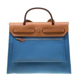 Pre Owned Hermes Blue/Brown Canvas and Leather Herbag Zip 31 Bag