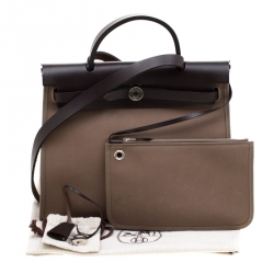 Pre Owned Hermes Dark Taupe/Dark Brown Fabric and Leather Herbag Zip 31 Bag