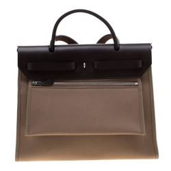 Pre Owned Hermes Dark Taupe/Dark Brown Fabric and Leather Herbag Zip 31 Bag