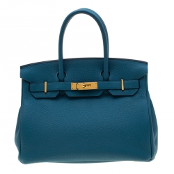 Hermes 30cm Blue Paon Epsom Leather Palladium Plated Birkin Bag