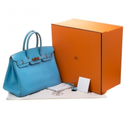 Hermes Celeste Epsom Leather Palladium Hardware Birkin 35 Bag