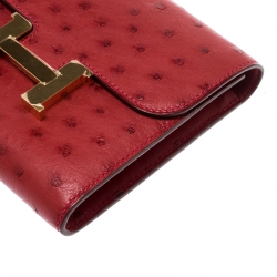 Pre Owned Hermes Red Ostrich Constance Compact Wallet