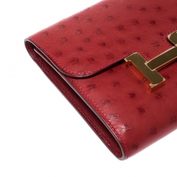 Pre Owned Hermes Red Ostrich Constance Compact Wallet