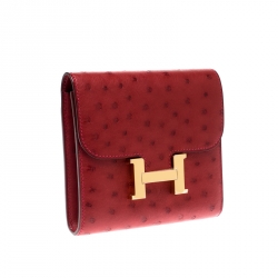 Pre Owned Hermes Red Ostrich Constance Compact Wallet