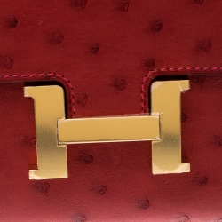 Pre Owned Hermes Red Ostrich Constance Compact Wallet