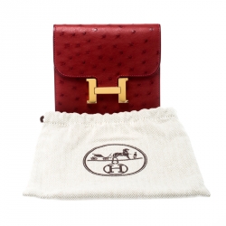 Pre Owned Hermes Red Ostrich Constance Compact Wallet