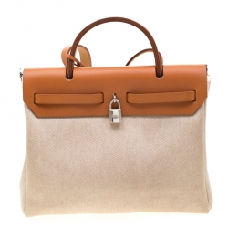 Pre Owned Hermes Beige/Tan Canvas and Leather Herbag Zip 31 Bag