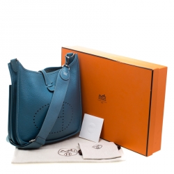 Pre Owned Hermes Blue Lagon Clemence Leather Evelyne III PM Bag