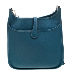 Pre Owned Hermes Blue Lagon Clemence Leather Evelyne III PM Bag