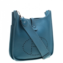 Pre Owned Hermes Blue Lagon Clemence Leather Evelyne III PM Bag