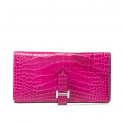 Hermes Bearn Soufflet Rose scheherazade Alligator crocodile skin Silver  hardware