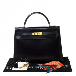 Pre Owned Hermes Black Box Calf Leather Gold Hardware Kelly Sellier 32 Bag