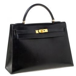 Pre Owned Hermes Black Box Calf Leather Gold Hardware Kelly Sellier 32 Bag