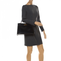 Pre Owned Hermes Black Box Calf Leather Gold Hardware Kelly Sellier 32 Bag