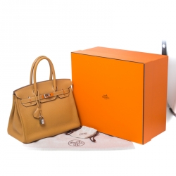 Hermes Moutarde Clemence Leather Palladium Hardware Birkin 25 Bag
