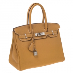 Hermes Moutarde Clemence Leather Palladium Hardware Birkin 25 Bag