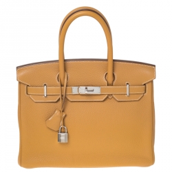 Hermes Moutarde Clemence Leather Palladium Hardware Birkin 25 Bag