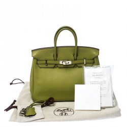 Pre Owned Hermes Apple Green Swift Leather Palladium Plated Birkin 25 Bag