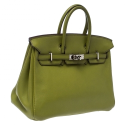 Pre Owned Hermes Apple Green Swift Leather Palladium Plated Birkin 25 Bag
