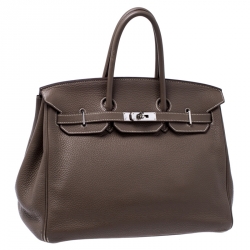 Hermes Taupe Grey Clemence Leather Palladium Hardware Birkin 35 Bag