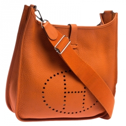 Pre Owned Hermes Orange Clemence Leather Evelyne III GM Bag