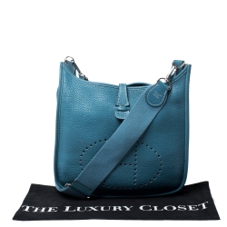 Hermes Blue Izmir Clemence Leather Evelyne III PM Bag