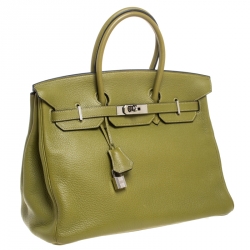 Pre Owned Hermes Anis Green Clemence Leather Palladium Hardware Birkin 35 Bag