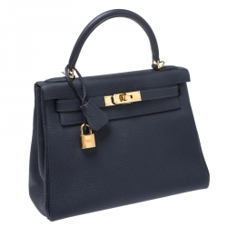Pre Owned Hermes Indigo Blue Togo Leather Gold Hardware Kelly Retourne 28 Bag