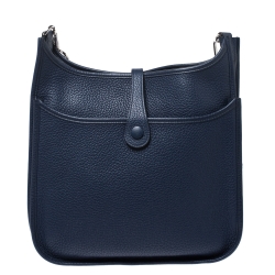 Pre Owned Hermes Blue Sapphire Clemence Leather Evelyne III PM Bag