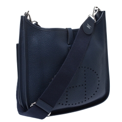 Pre Owned Hermes Blue Sapphire Clemence Leather Evelyne III PM Bag