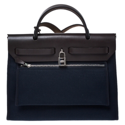 Pre Owned Hermes Blue Encre/Cacao Canvas and Leather Herbag Zip 31 Bag
