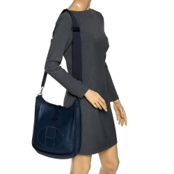 Pre Owned Hermes Blue Nuit Clemence Leather Evelyne III GM Bag