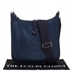 Pre Owned Hermes Blue Nuit Clemence Leather Evelyne III GM Bag