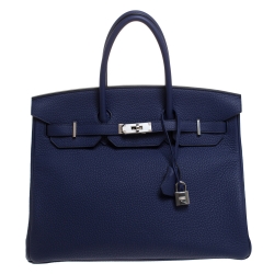 Hermes Blue Saphir Clemence Leather Palladium Hardware Birkin 35 Bag