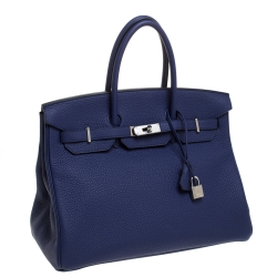 Hermes Blue Saphir Clemence Leather Palladium Hardware Birkin 35 Bag