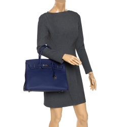 Hermes Blue Saphir Clemence Leather Palladium Hardware Birkin 35 Bag