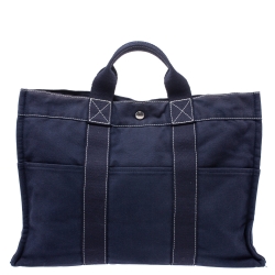Pre Owned Hermes Dark Blue Canvas Deauville MM Bag
